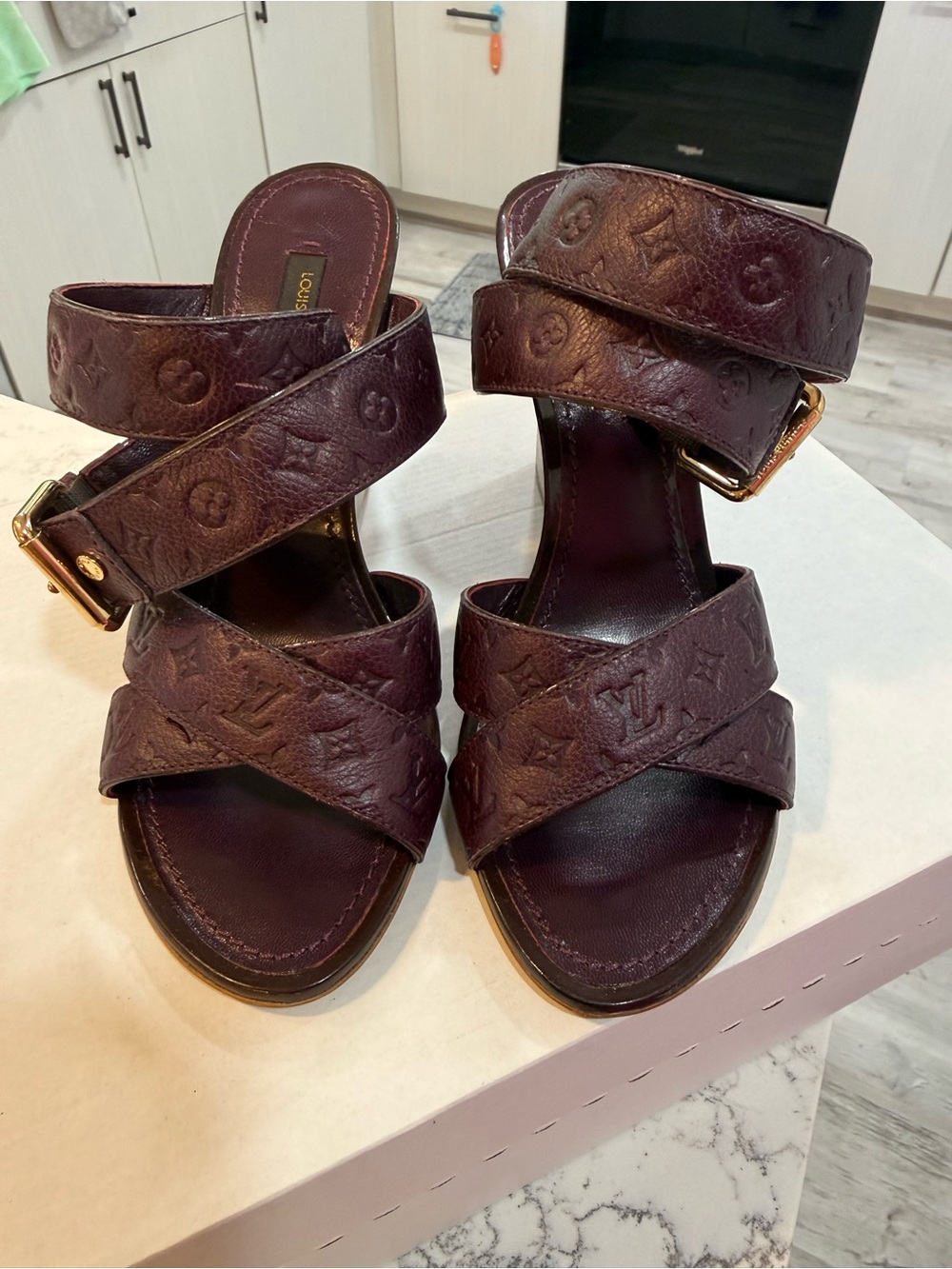 Louis Vuitton Women's Plum Empriente Leather Wedge Sandals